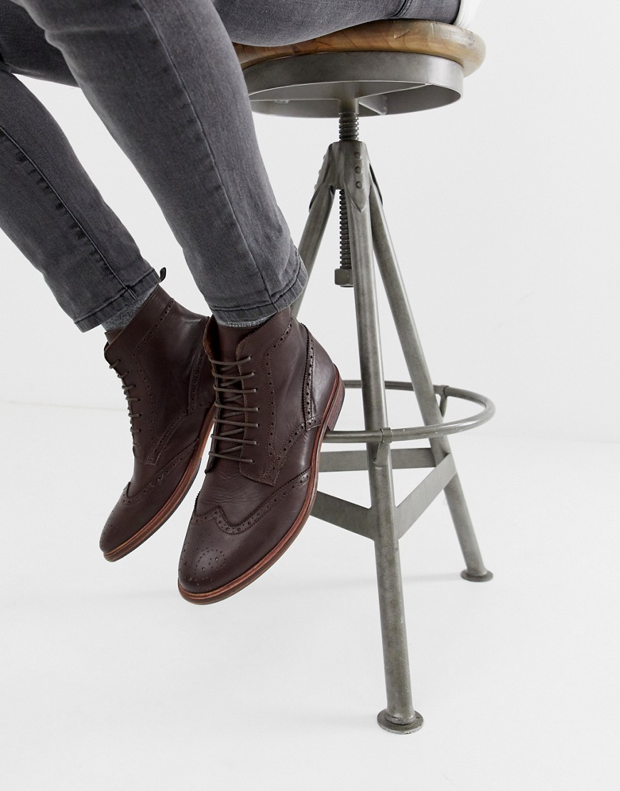 Asos Design Lace Up Brogue Boots In Brown Leather With Natural Sole