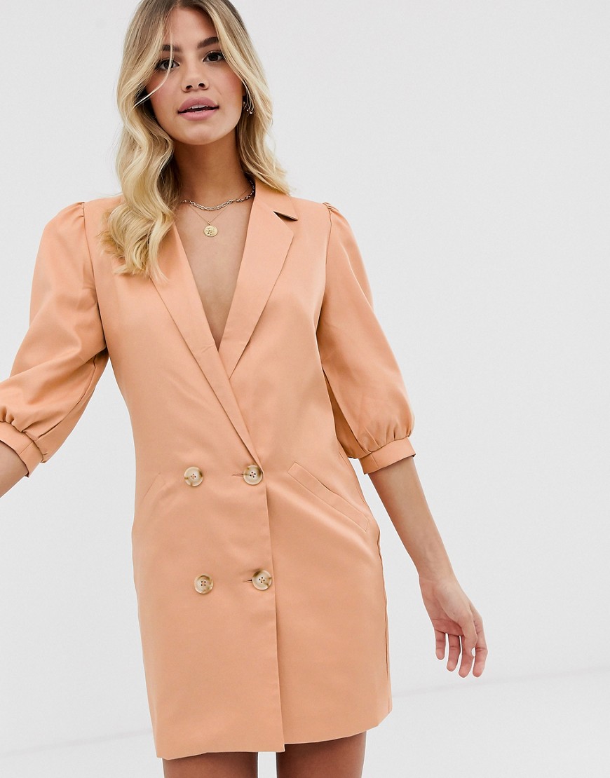 In The Style puff sleeve tuxedo blazer dress in taupe