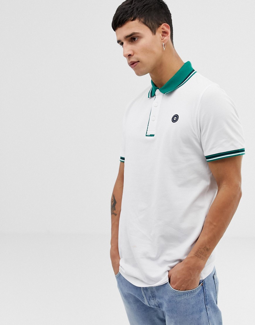 Jack & Jones Core contrast collar tipped logo polo in white