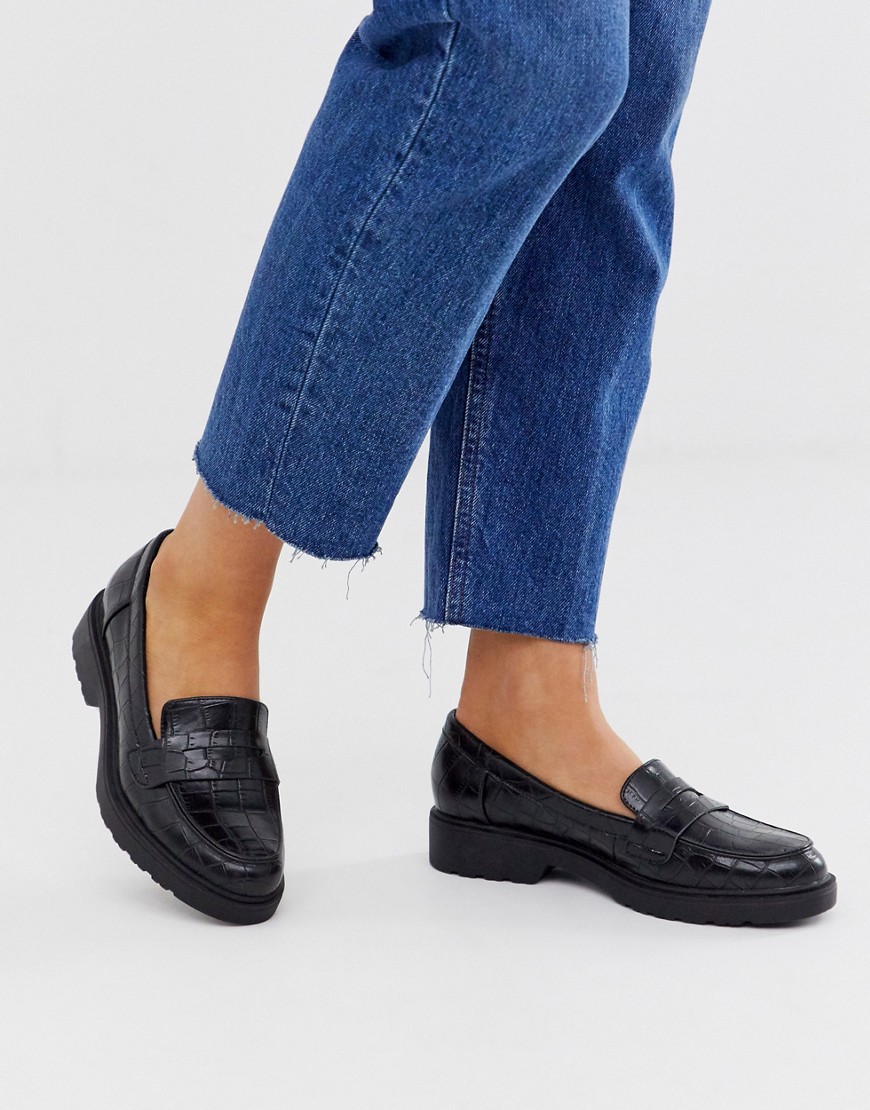 Glamorous Black Croc Effect Chunky Loafers