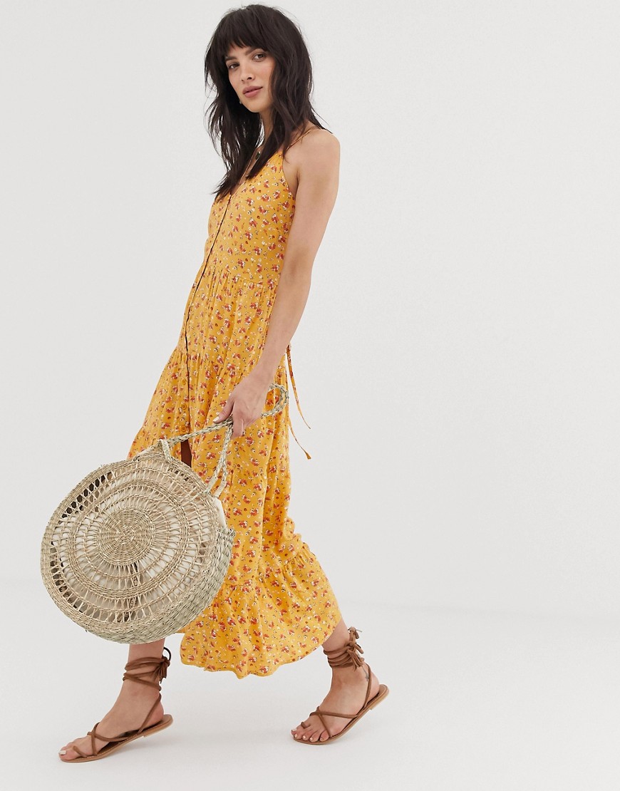Band of Gypsies button front tiered maxi dress in yellowfloral print