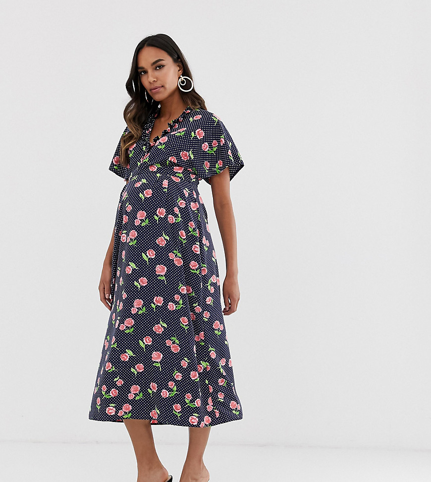 Queen Bee Maternity Fluted Sleeve Midi Dress In Floral Print-multi