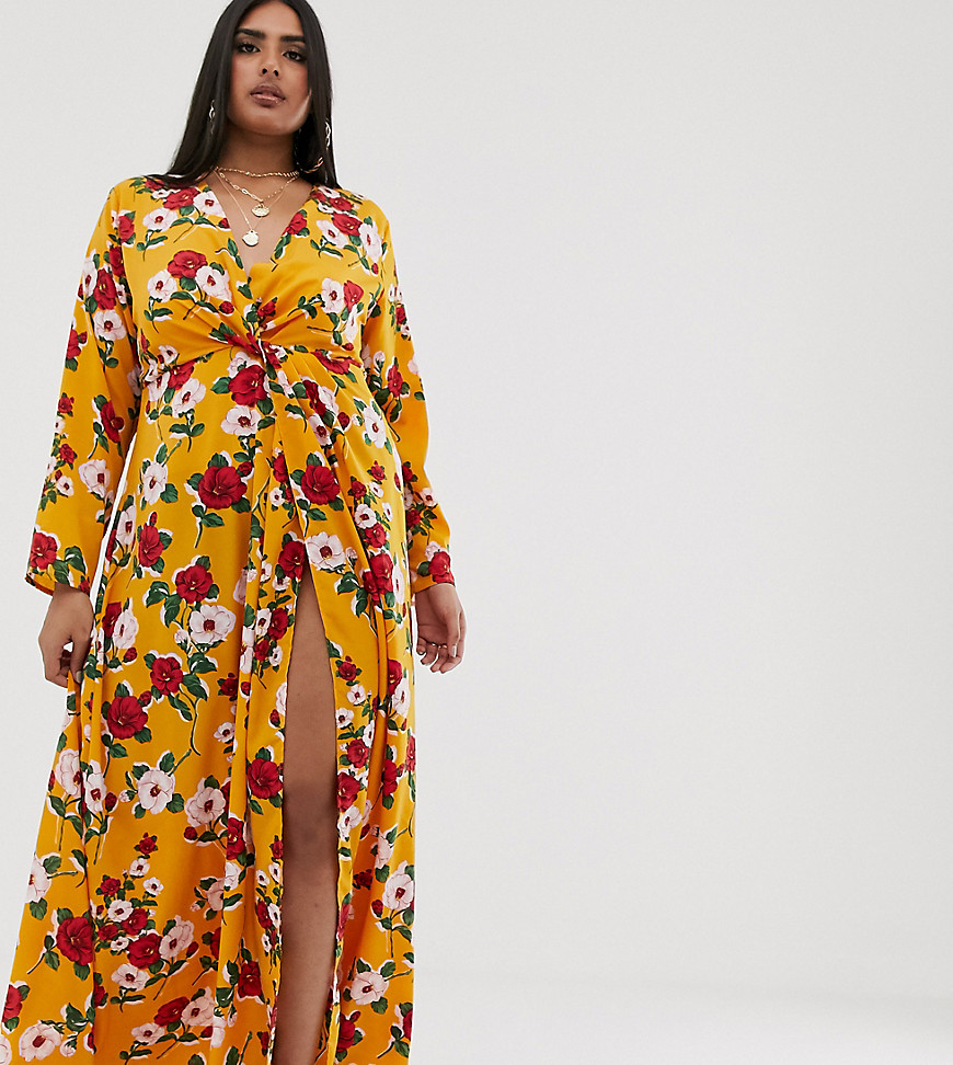 PrettyLittleThing Plus maxi dress with twist front in mustard floral
