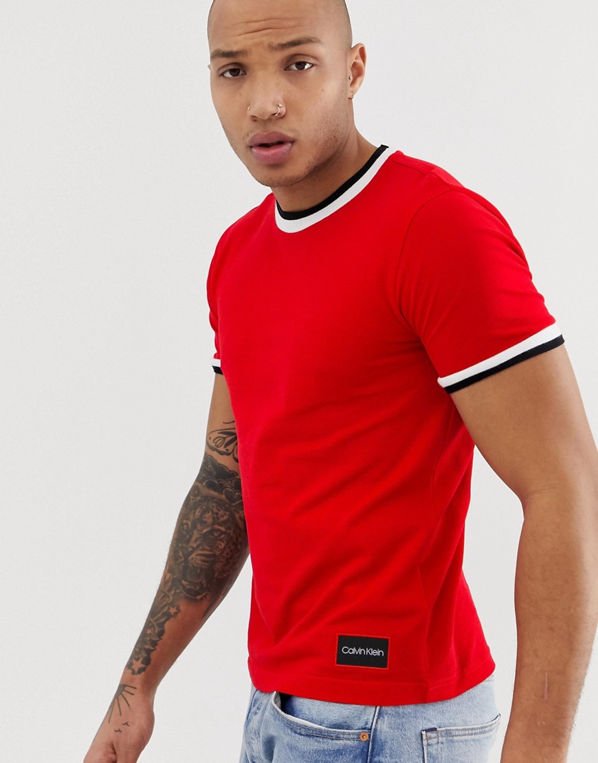 Calvin Klein pique tipped ringer crew neck t-shirt in red