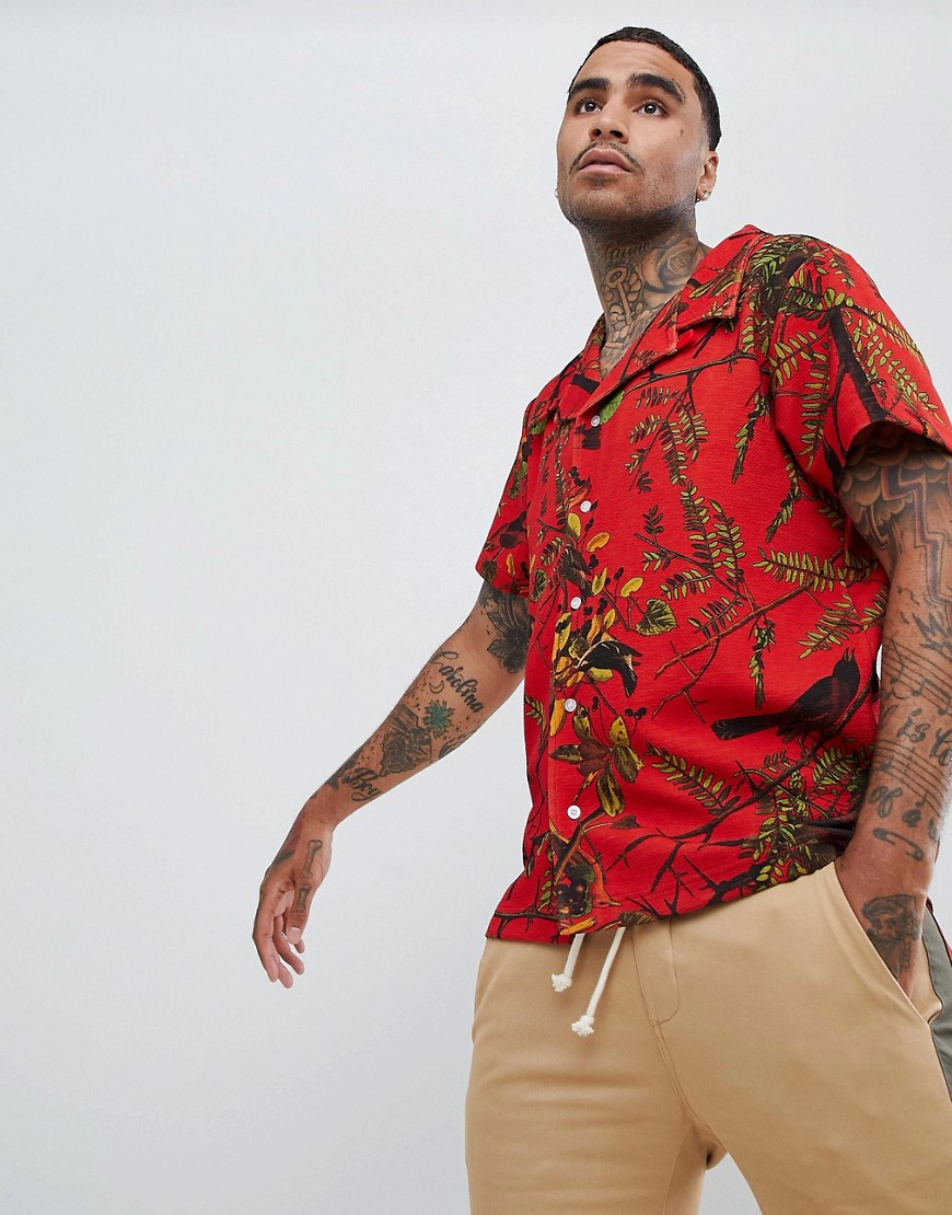 Profound Aesthetic short sleeve revere collar shirt with bird print in red
