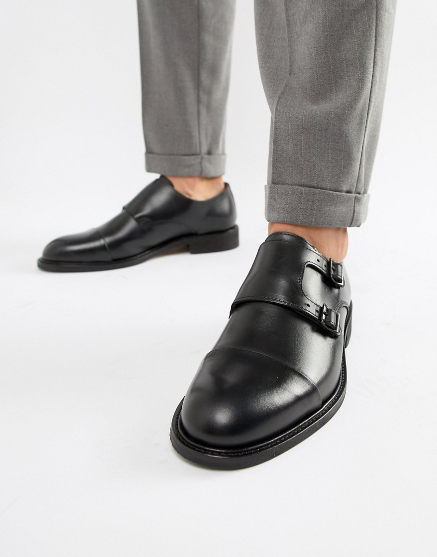 Selected Homme Leather Double Monk Strap Shoe - Black