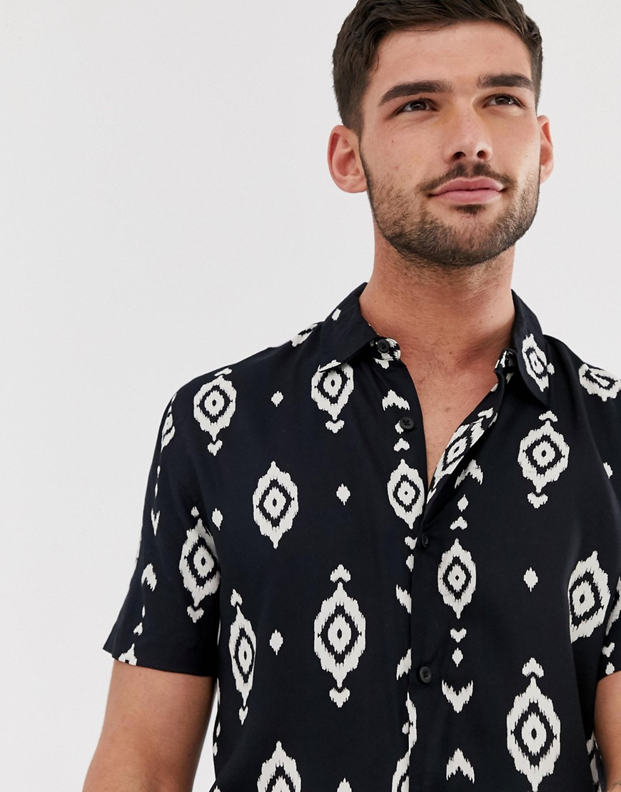 New Look revere collar shirt with aztec print in black