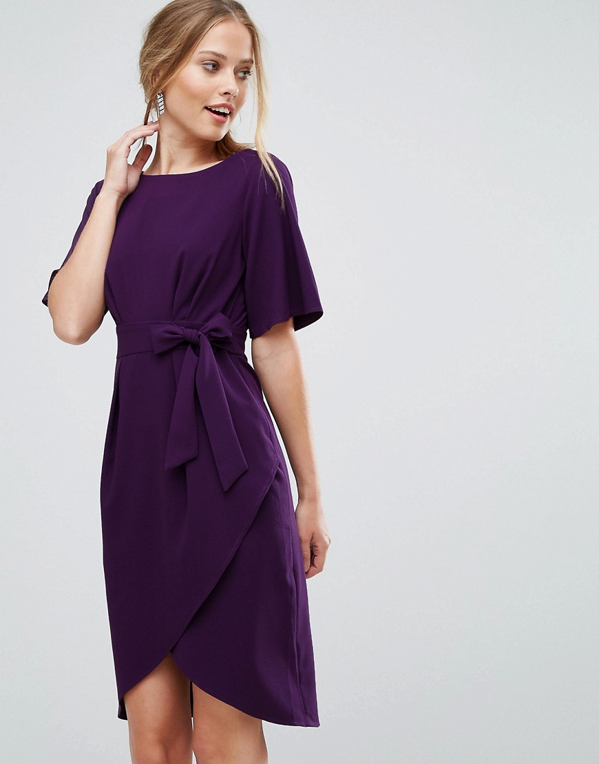 Closet London Wrap Front Pencil Dress With Obi Belt - Purple