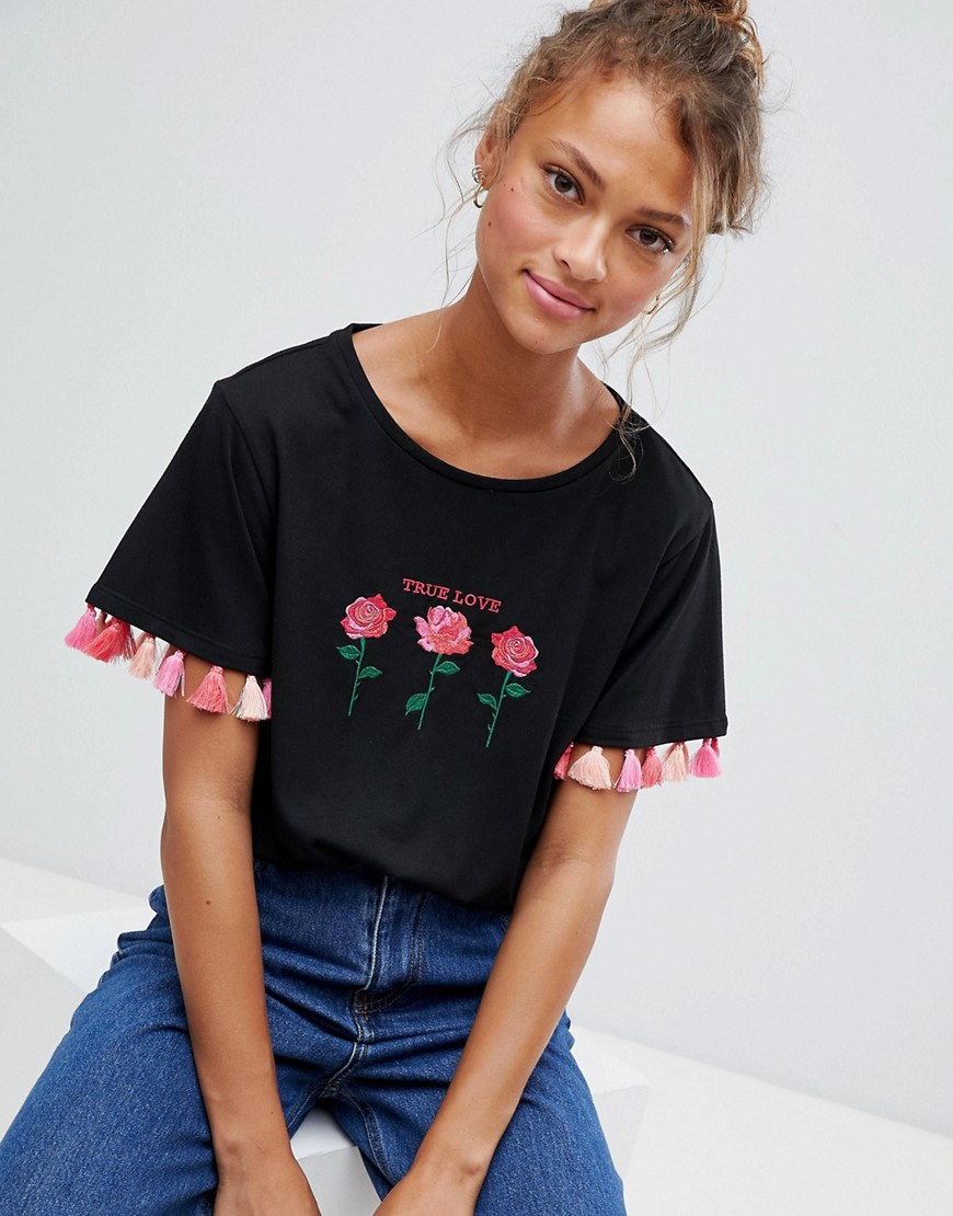 Sugar Dust Crop T Shirt with Floral Emboidery and Tassle Trim