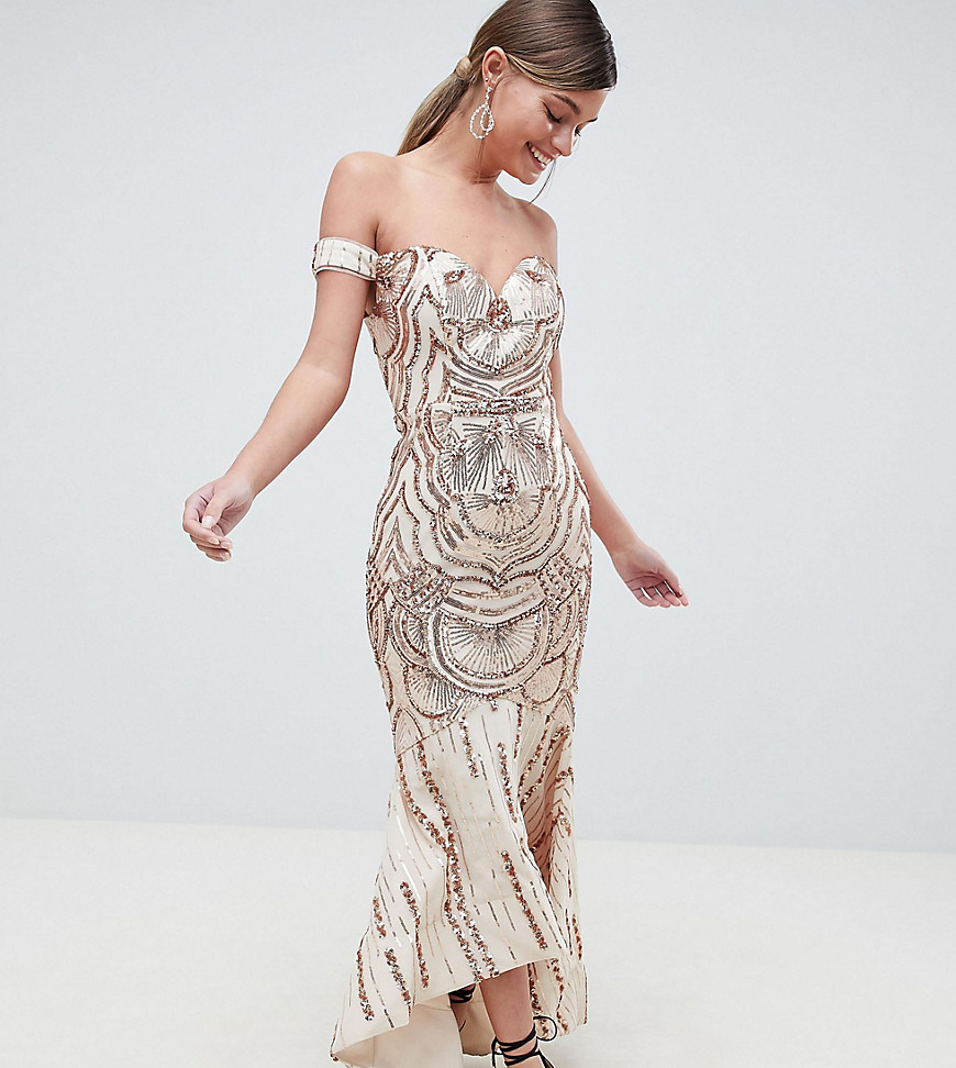 Bariano Off Shoulder Sweetheart Sequin Maxi Dress