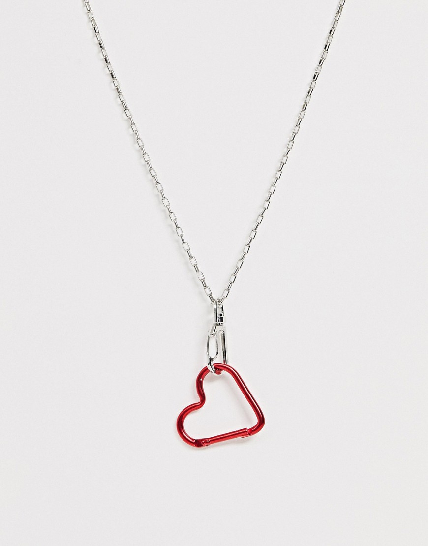 Asos Design Necklace With Heart Clasp Pendant And Fine Hardware Chain In Silver Tone