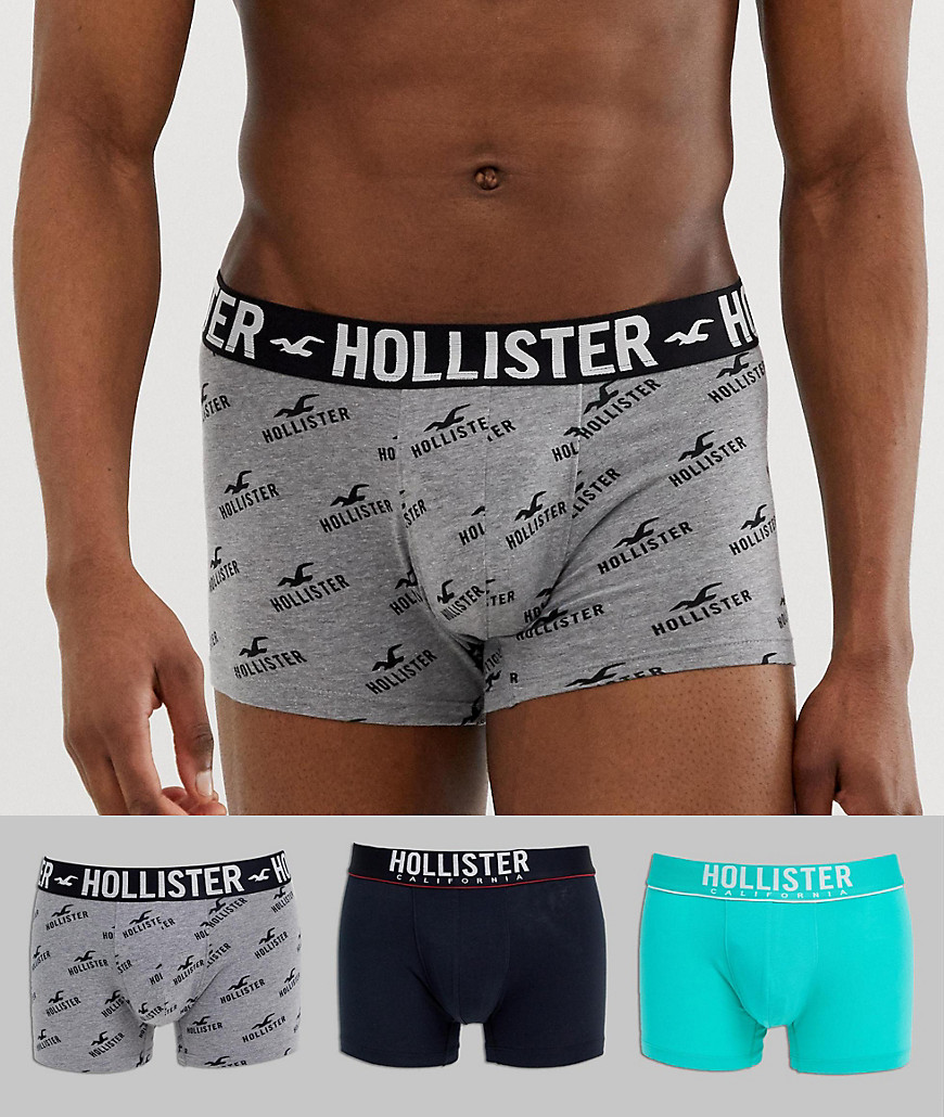Hollister 3 pack trunks logo waistband in black/turquoise solid & grey seagull print