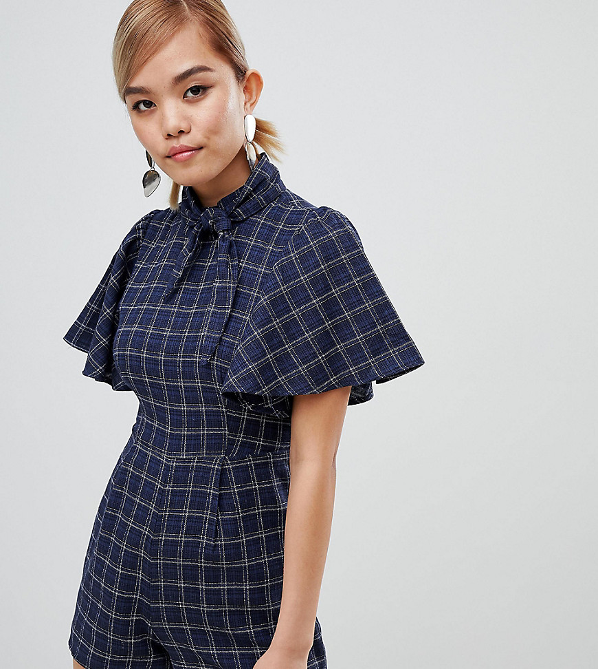 Fashion Union Petite High Neck Playsuit In Check - Blue check