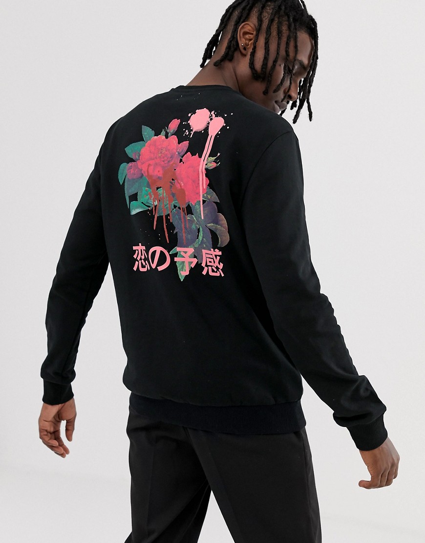 YOURTURN sweatshirt with rose chest and back print in black