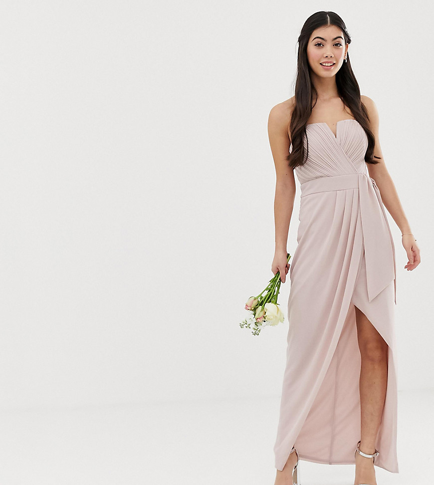 TFNC Petite bridesmaid exclusive bandeau wrap midaxi dress with pleated detail in taupe