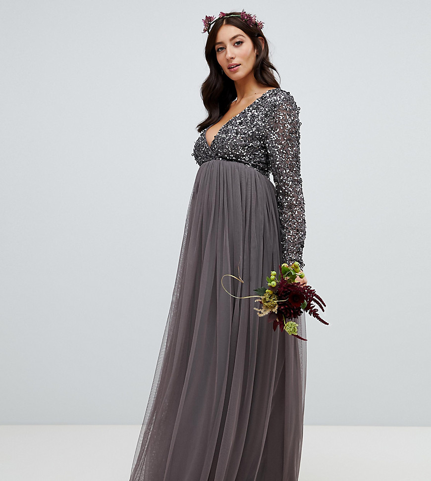 Maya Maternity long sleeve wrap front maxi dress with delicate sequin and tulle skirt in charcoal
