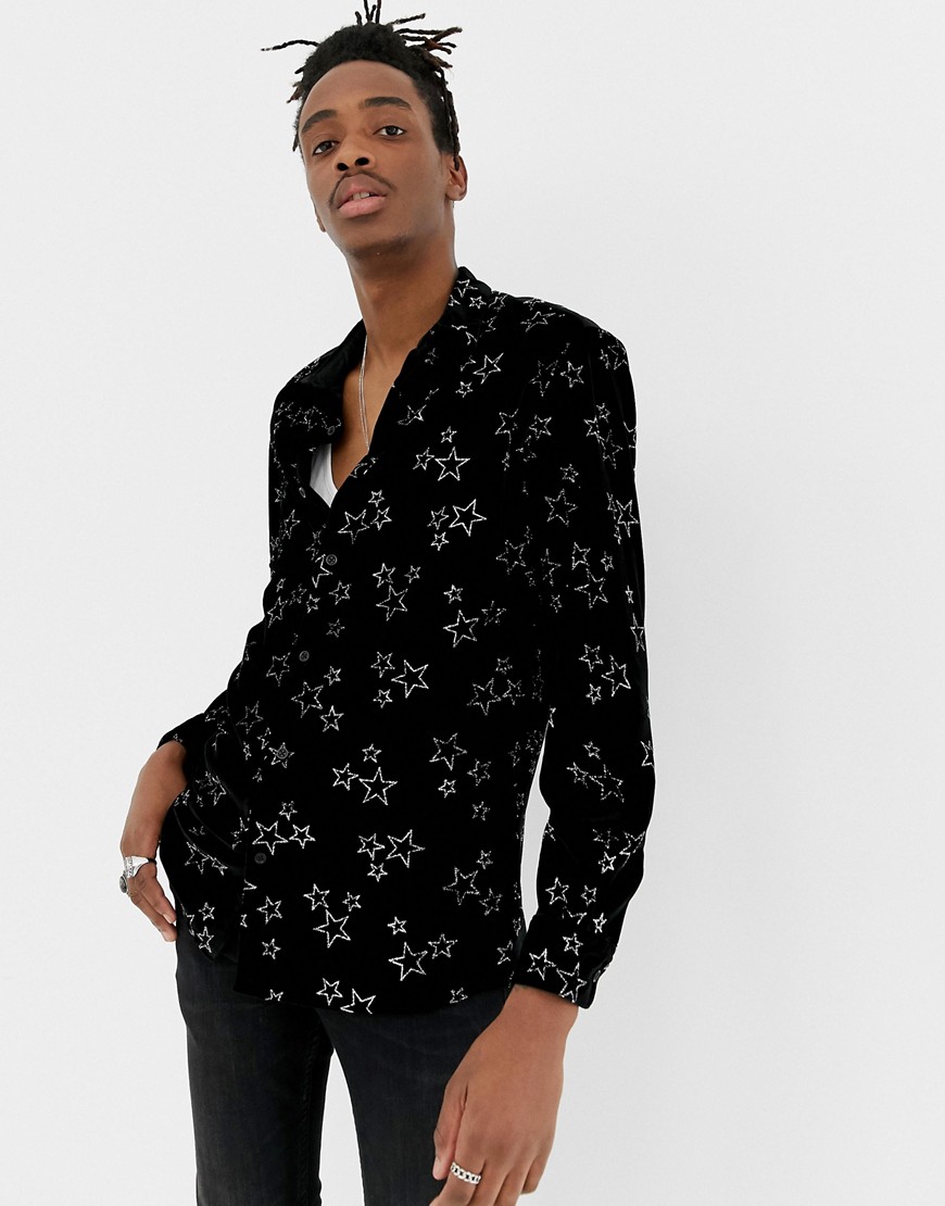 Jaded London long sleeve velvet shirt in black with glitter stars
