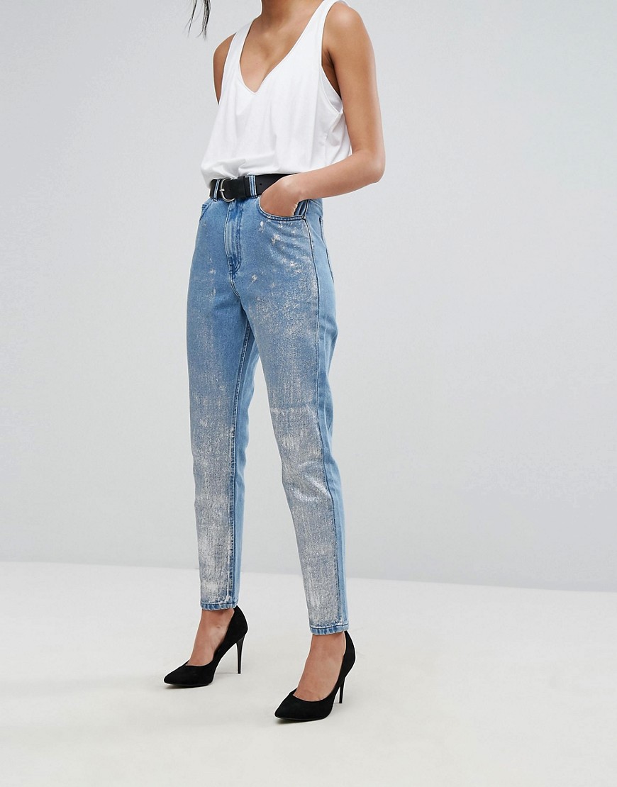 Dr Denim Mom Jeans with Silver Coating - Silver on light retr
