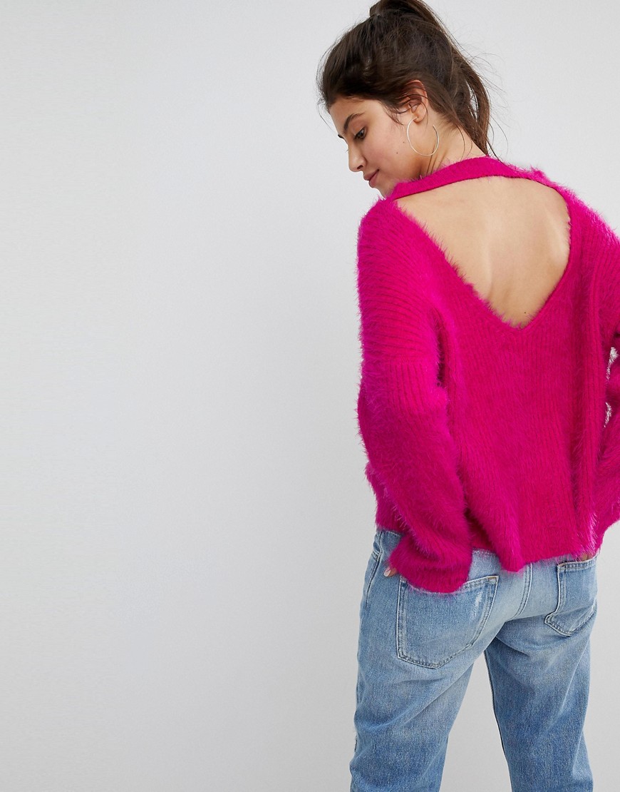Missguided Fluffy Deep Back Jumper - Bright pink