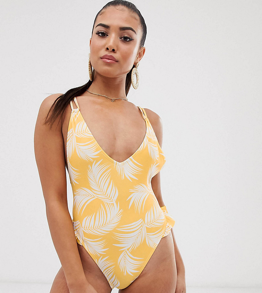 ASOS DESIGN petite frill leg strappy back swimsuit in outline yellow palm