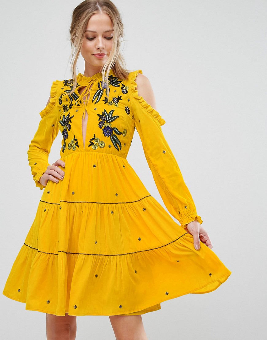Frock And Frill Cold Shoulder Velvet Smock Dress With Floral Embroidery - Yellow