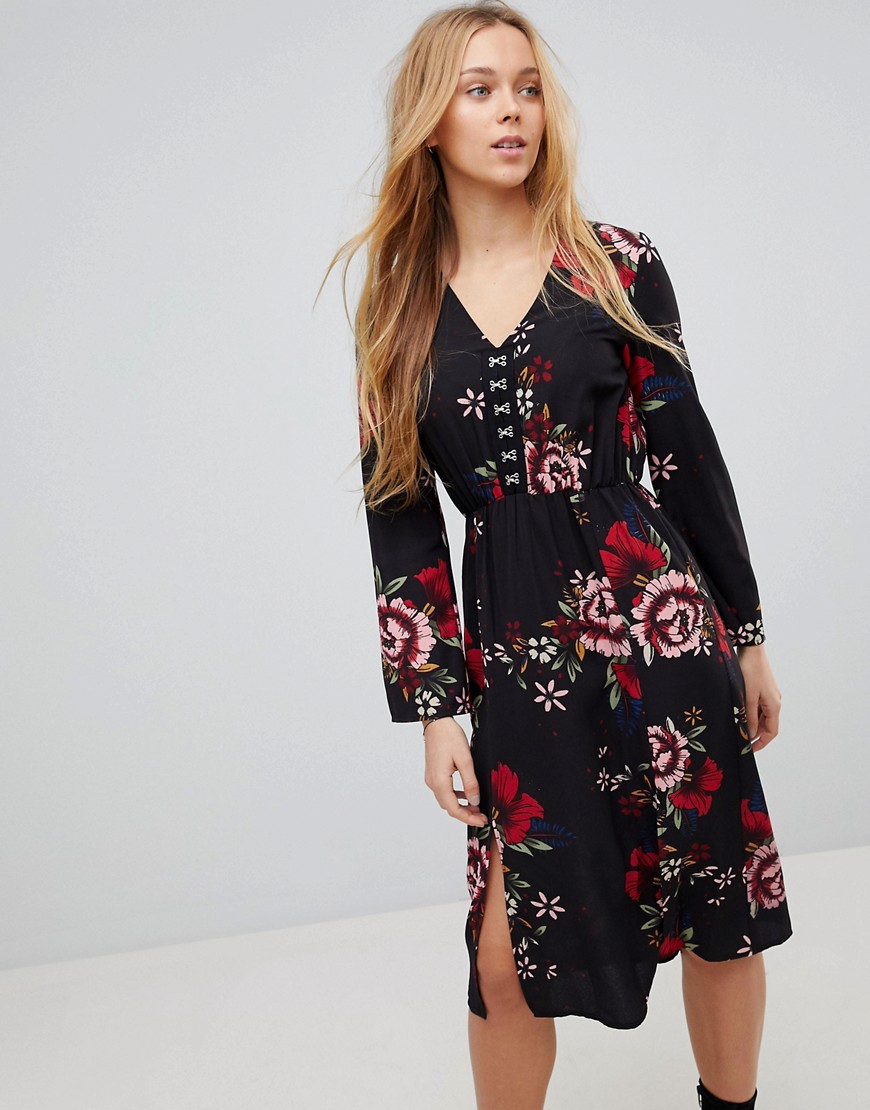 Girls On Film Floral Midi Dress With Hook And Eye Fastening - Black base floral