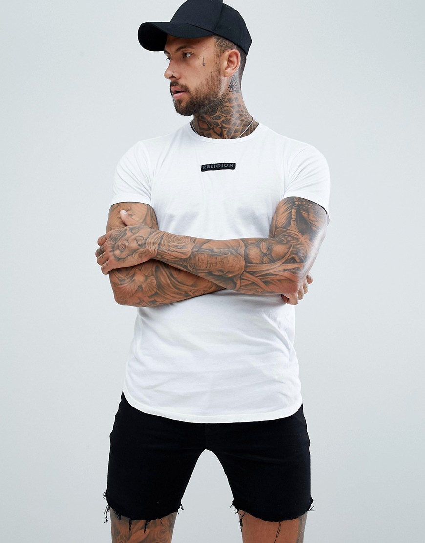 Religion muscle fit t-shirt with curved hem in white