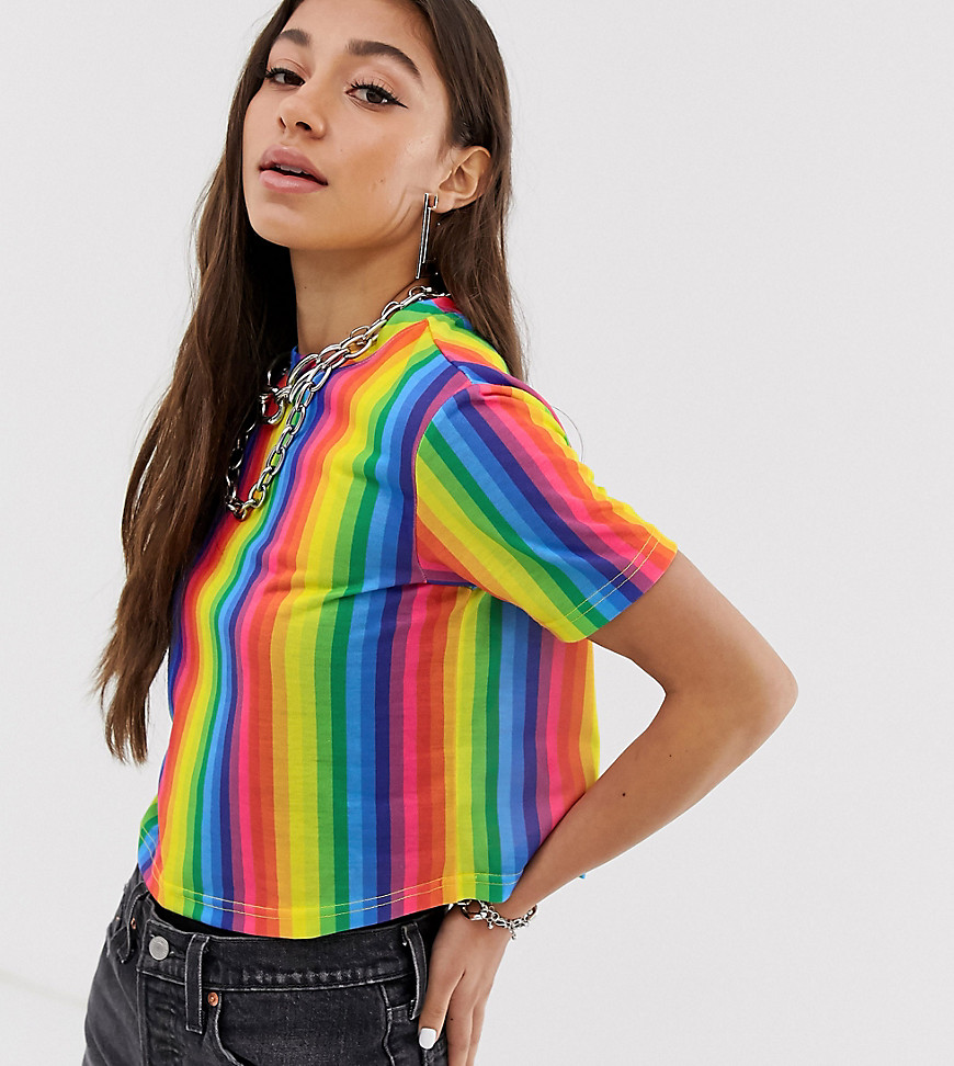 See You Never rainbow stripe mock neck crop top