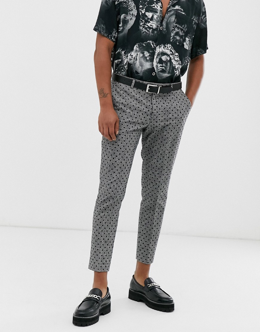 Twisted Tailor tapered cropped checked trousers with polka dot flock in black