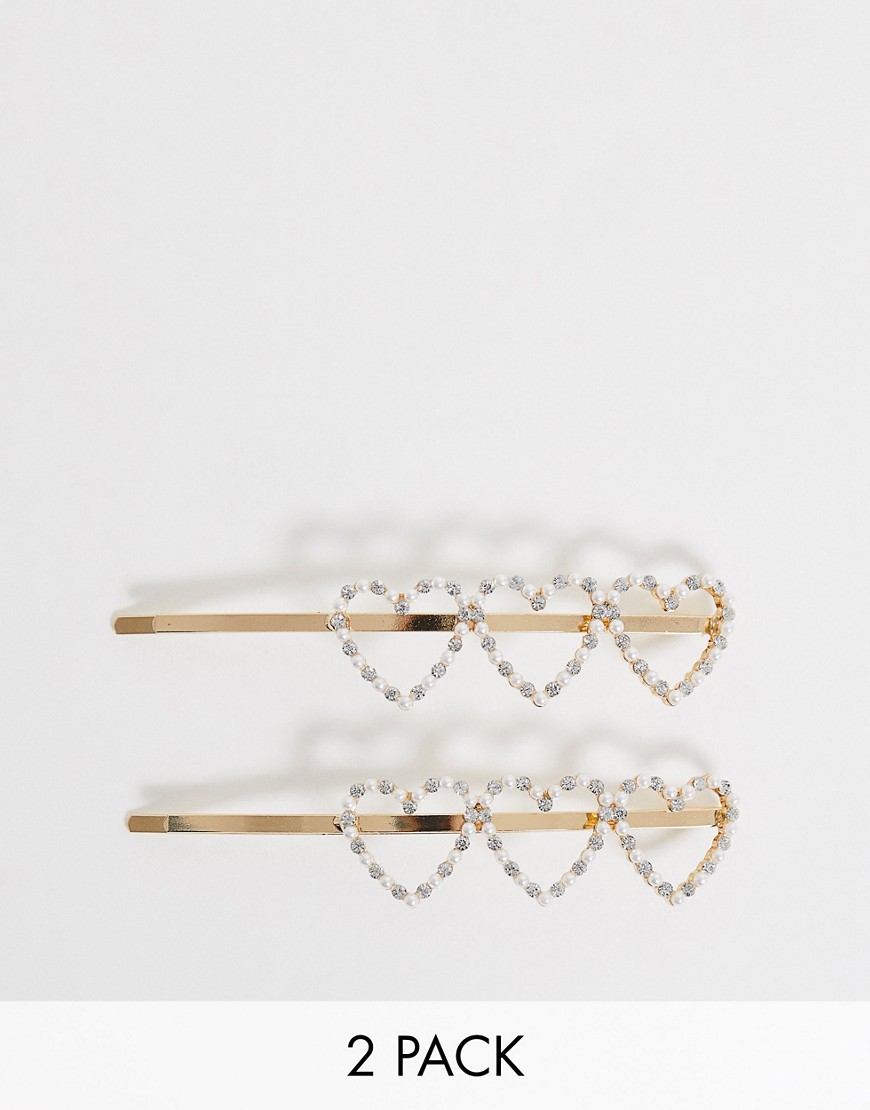 Asos Design Pack Of 2 Hair Clips With Cut Out Pearl And Crystal Hearts In Gold Tone