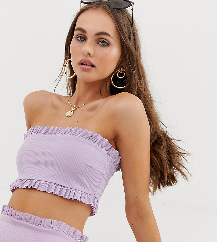 PrettyLittleThing bandeau bikini top with frill edge in lilac