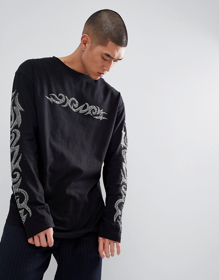 Granted Long Sleeve T-Shirt With Diamantes Sleeve Print In Black - Black