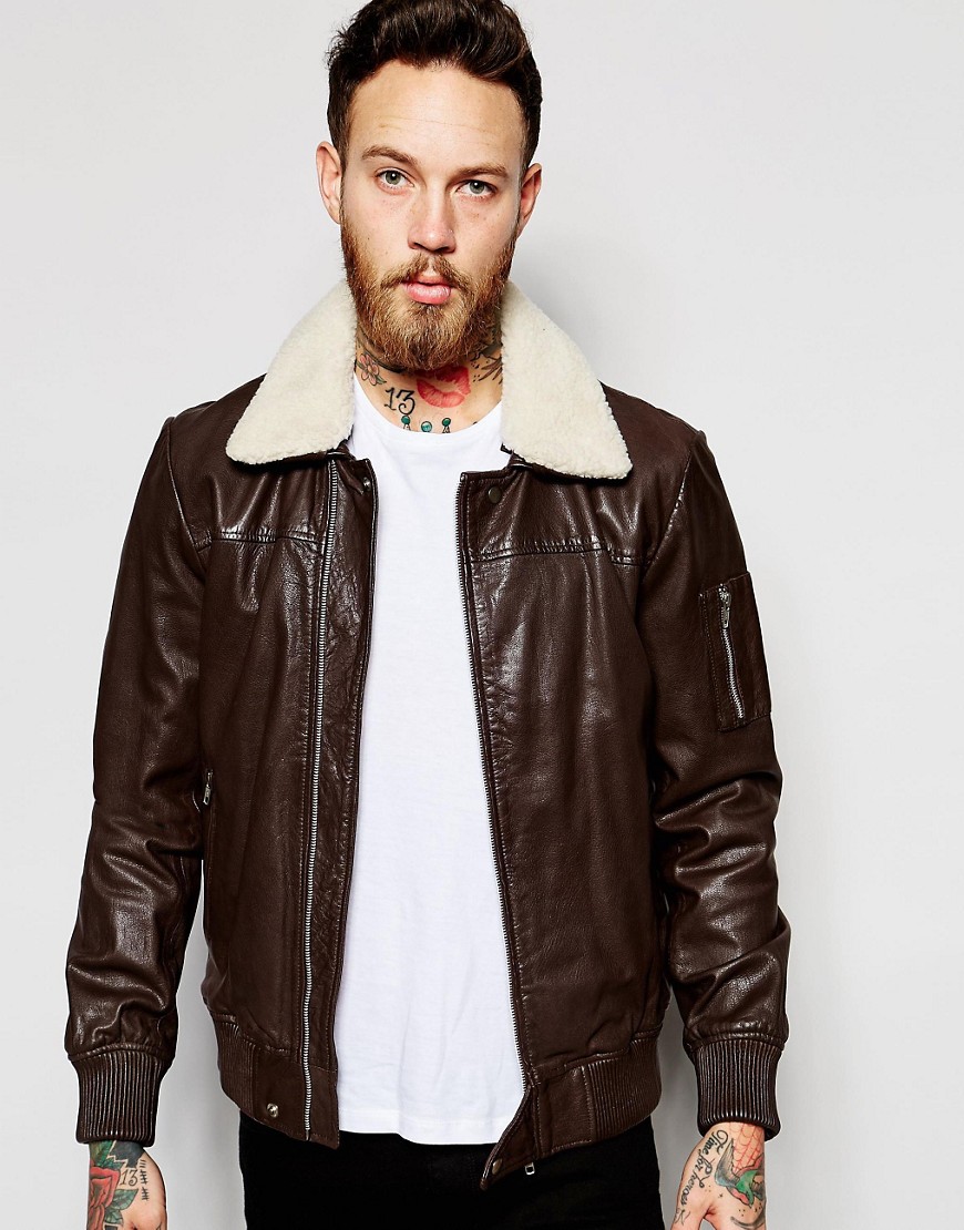 Image 1 of ASOS Leather Harrington With Faux-Shearling Collar