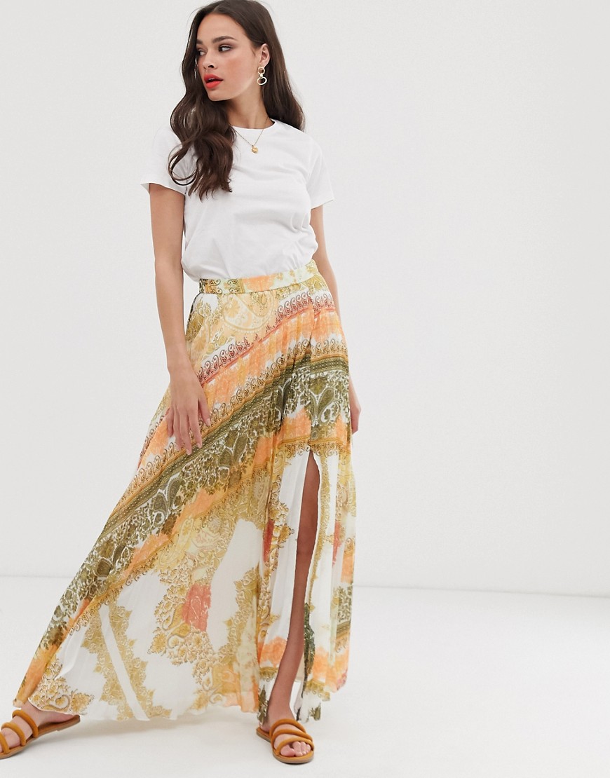 Asos Design Pleated Maxi Skirt In Bright Orange Scarf Print-multi ...