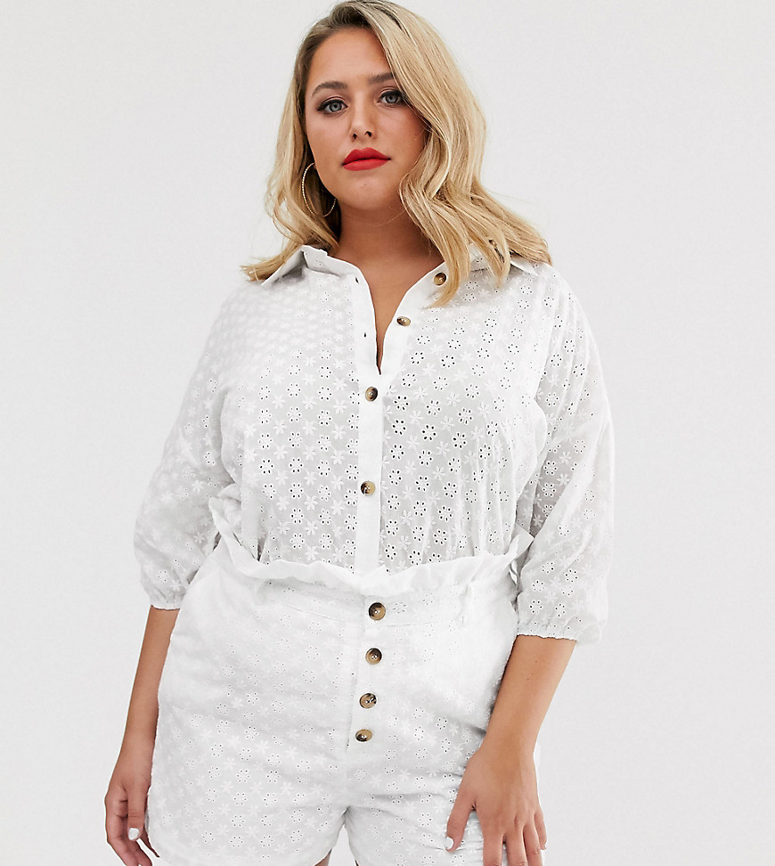 In The Style Plus x Dani Dyer broderie lace button through shirt in white
