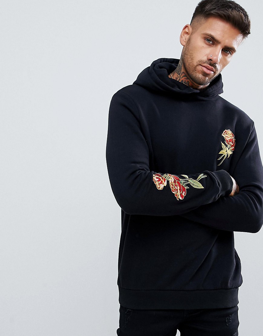 Pull&Bear Hoodie With Rose Embroidery In Black - Black