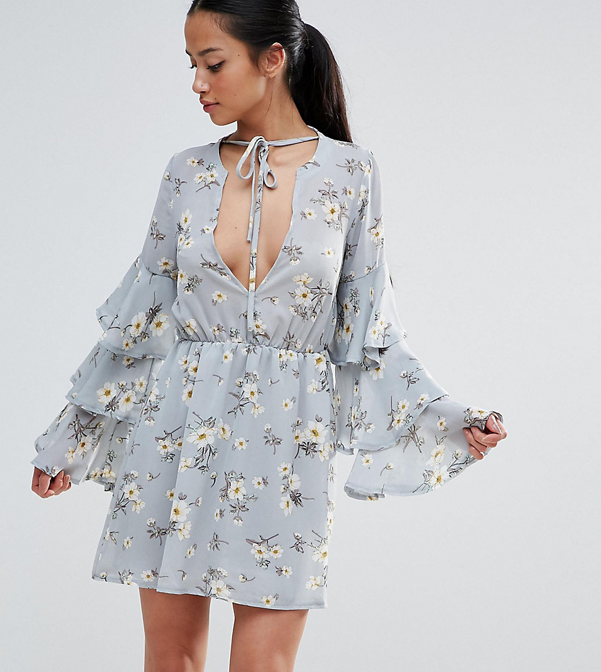Missguided Petite Floral Print Frill Sleeve Tie Front Dress - Print