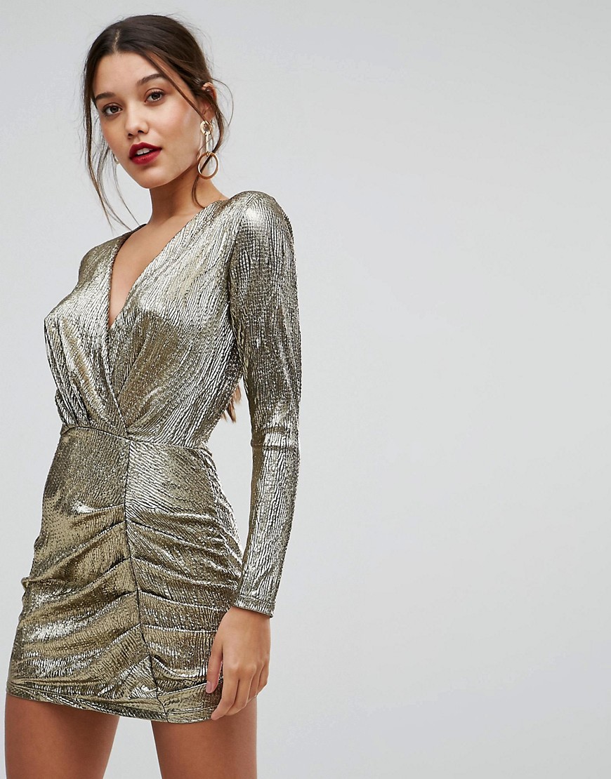 Ivyrevel Shimmer Dress With Ruched Front - Gold