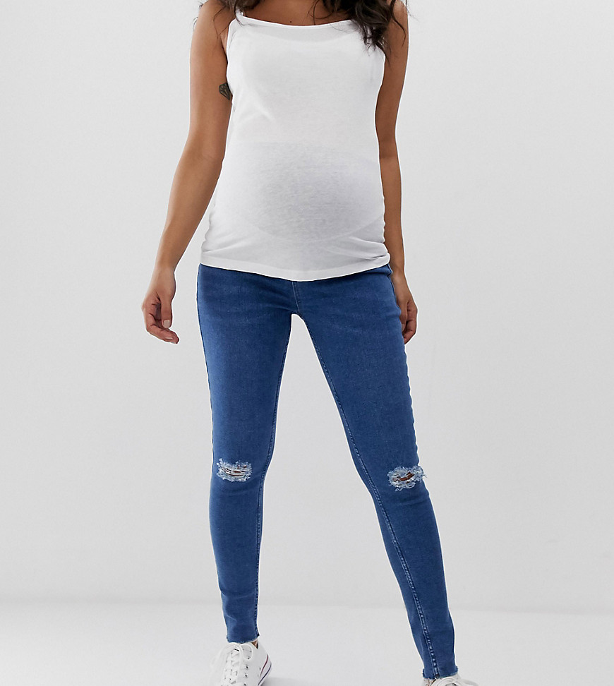 New Look Maternity over bump ripped skinny jeans in blue
