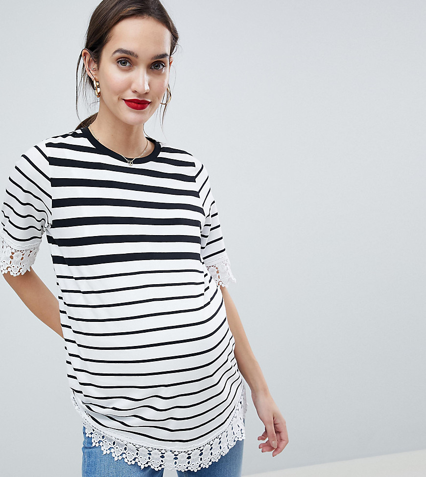 ASOS DESIGN Maternity Nursing Double Layer T-Shirt In Stripe With Crochet Trim - Multi