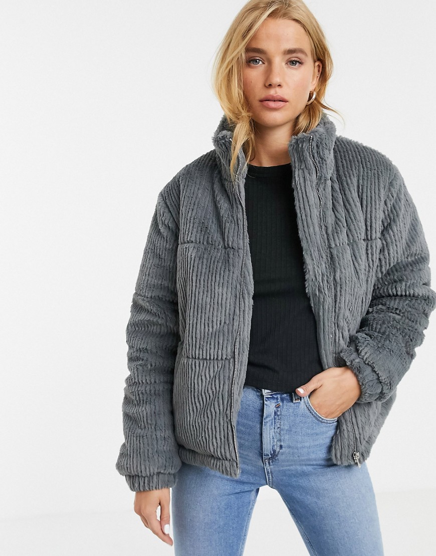 New Look faux fur cord puffer jacket in grey
