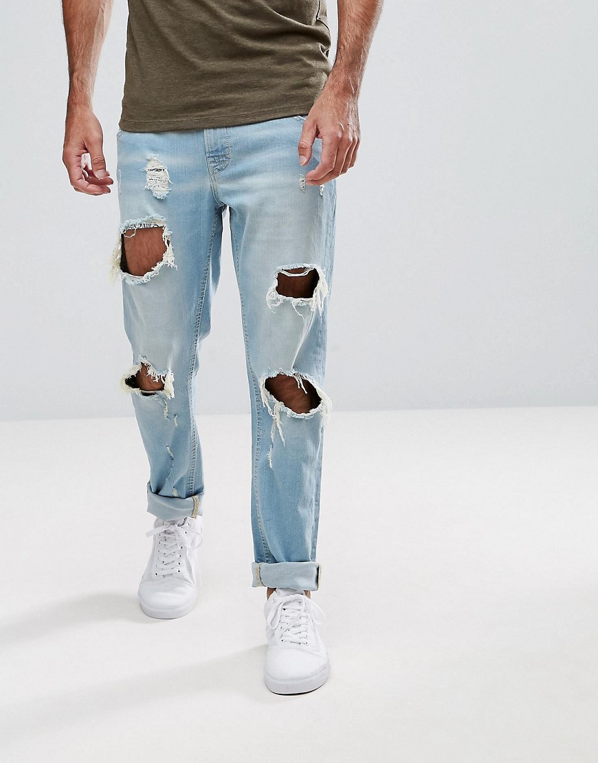 Hoxton Denim Slim Fit Jeans with Busted Knees - Blue