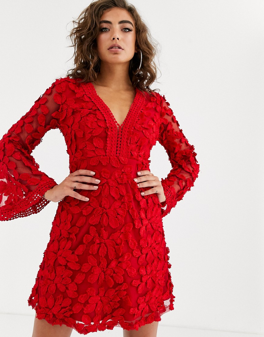 Love Triangle floral embroidered long sleeve dress in red