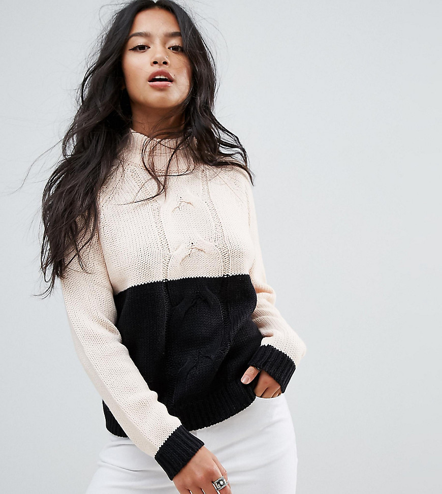 Noisy May Petite Contrast Cable Knit Jumper - Cream