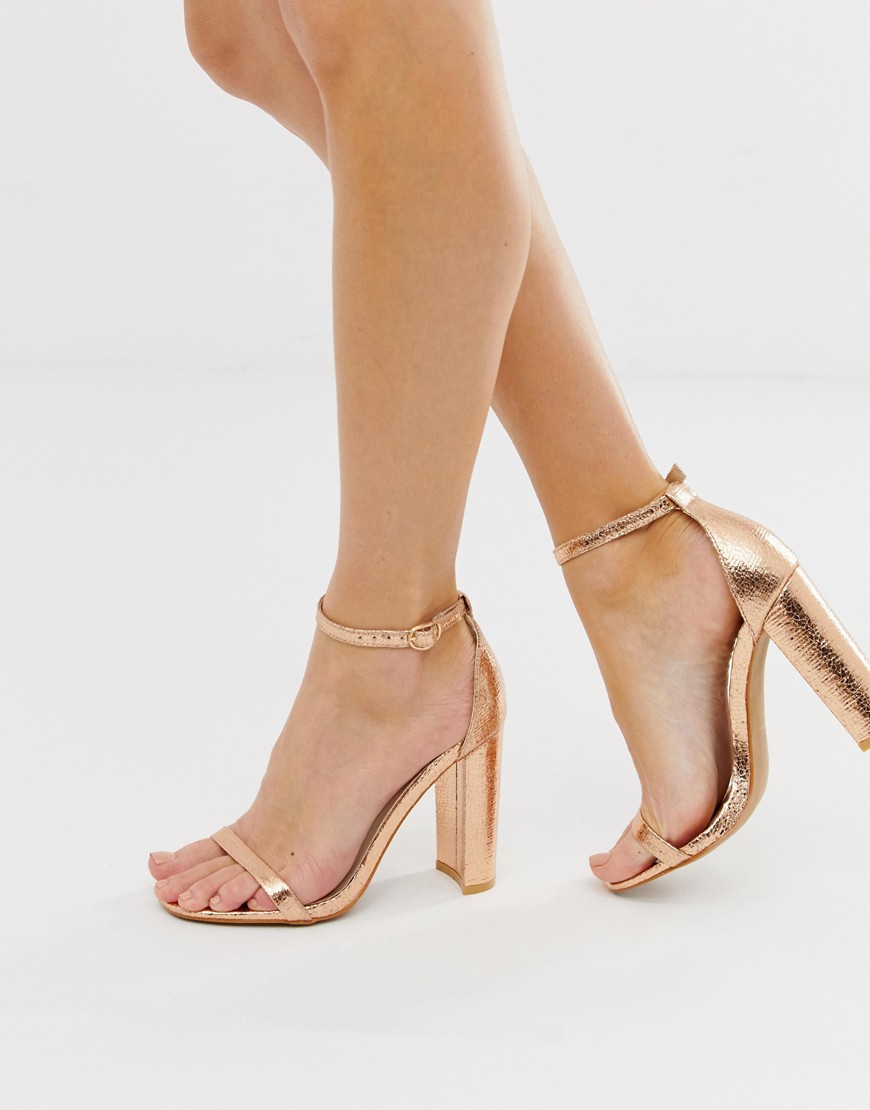 Glamorous rose gold barely there square toe block heeled sandals