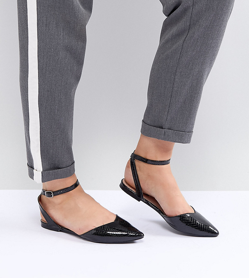 Lost Ink Wide Fit Black Ankle Strap Flat Shoes