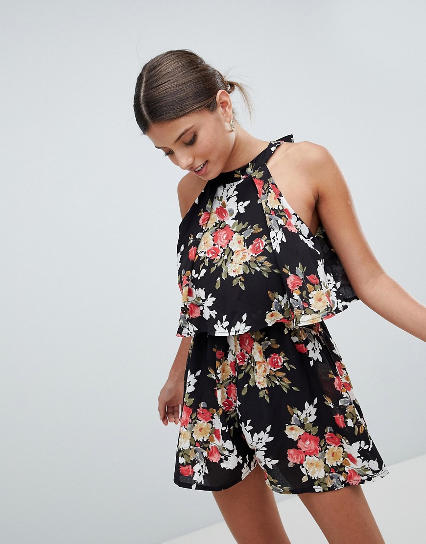 Girl In Mind Double Layer Floral Playsuit - Blk