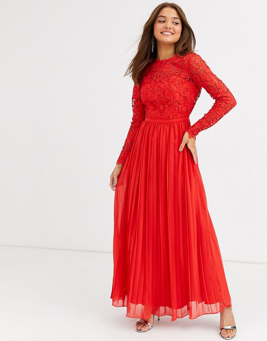 Chi Chi London lace maxi dress with scalloped back in red