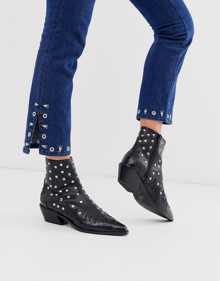 ASOS DESIGN Atlanta studded western leather ankle boots in black