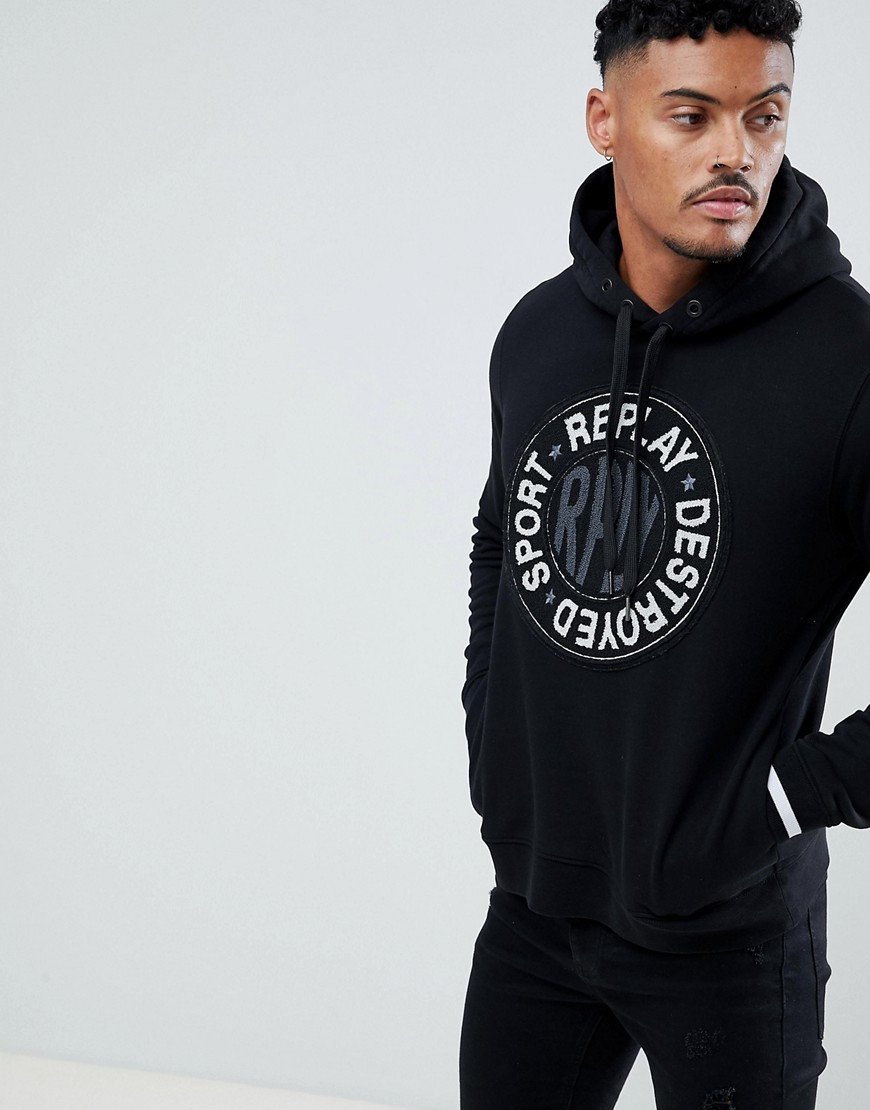 Replay destroyed sport logo applique hoodie in black